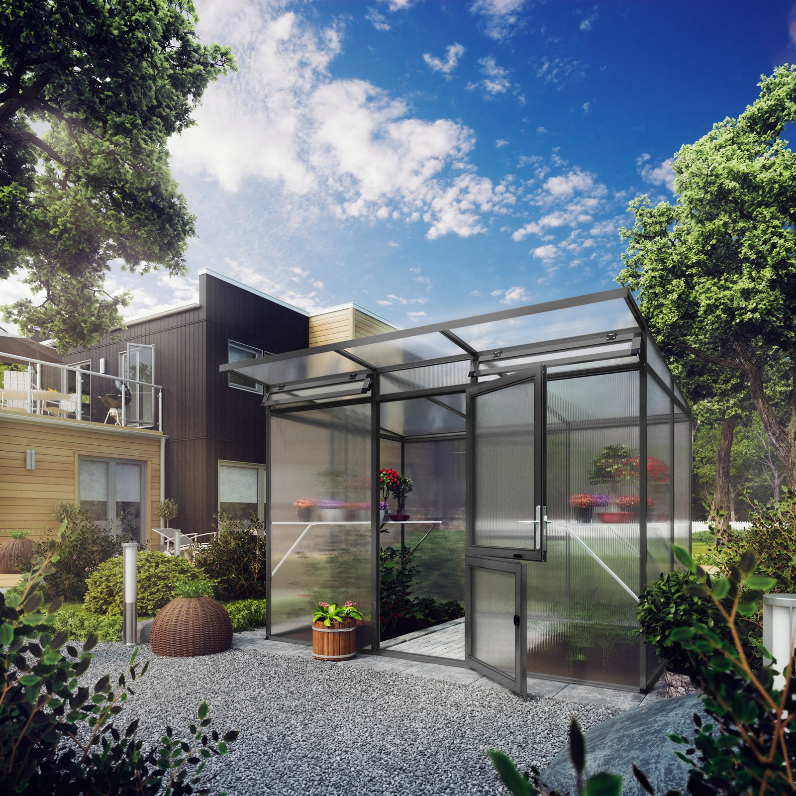 Linea II 10x7x7 Sleek Sloping Roof Glass/Poly Modern Greenhouse